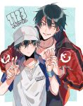  2boys :&lt; adam&#039;s_apple aqua_hair baseball_cap behind_another bent_v black_shirt blue_background blush_stickers border brothers brown_eyes collarbone collared_shirt echizen_ryooga echizen_ryooma fingernails furrowed_brow hair_between_eyes half-siblings hand_grab hat head_tilt height_difference highres ioko_(10k0) jacket jewelry long_sleeves looking_at_viewer male_focus middle_w multiple_boys necklace one_eye_closed open_clothes open_jacket outline parted_lips partially_unbuttoned red_jacket shirt short_hair short_sleeves siblings single_blush_sticker smirk sportswear sweatband sweatdrop teeth tennis_no_ouji-sama tennis_uniform track_jacket upper_body v v-shaped_eyebrows w white_border white_hat white_outline wristband yellow_eyes 