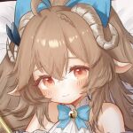 1girl animal_ears arknights bell blue_bow blue_bowtie bow bowtie brown_hair closed_mouth cropped delfino eyjafjalla_(arknights) eyjafjalla_the_hvit_aska_(a_picnic_before_a_long_trip)_(arknights) eyjafjalla_the_hvit_aska_(arknights) horns jingle_bell long_hair neck_bell official_alternate_costume red_eyes sheep_ears sheep_girl sheep_horns smile solo 