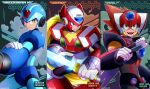  3boys android arm_cannon armor axl_(mega_man) black_armor blonde_hair blue_armor blue_eyes blue_helmet brown_hair character_name chest_jewel cowboy_shot cross_scar en_dorzer energy_sword english_text forehead_jewel green_eyes group_picture gun helmet highres holding holding_gun holding_sword holding_weapon long_hair male_focus mega_man_(series) mega_man_x_(series) multiple_boys ponytail red_armor red_helmet scar scar_on_face spiked_hair sword weapon x_(mega_man) z_saber zero_(mega_man) 
