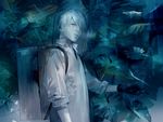  blue_eyes ginko gloves hair_over_one_eye leaf male_focus mushishi plant saiga_tokihito solo white_hair 