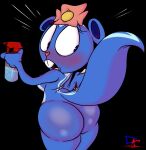 2021 anthro big_butt black_background blue_body blue_fur blush buckteeth butt colored female flower_accessory fur happy_tree_friends hi_res looking_back mammal mephitid petunia_(htf) rear_view silentjack simple_background skunk solo spray_bottle surprised_expression teeth unavailable_at_source wash_cloth wide_hips worried