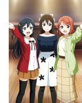  3girls arm_up artbook black_bow black_hair black_thighhighs blue_eyes bow braid braided_bun brown_hair brown_skirt collarbone floral_print green_jacket grey_eyes hair_between_eyes hair_bow hair_bun hair_ornament half_updo highres jacket long_hair looking_at_viewer love_live! love_live!_nijigasaki_high_school_idol_club medium_hair multiple_girls non-web_source off_shoulder official_art one_side_up open_mouth osaka_shizuku pantyhose pink_hair red_jacket shirt sidelocks single_side_bun skirt smile thighhighs uehara_ayumu white_shirt wooden_floor yellow_eyes yellow_skirt yuki_setsuna 