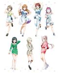  6+girls ahoge artbook blonde_hair blue_dress blue_eyes brown_hair dress green_dress green_hair grey_hair hair_ornament hair_over_one_eye high_heels highres jacket konoe_kanata long_hair looking_at_viewer love_live! love_live!_nijigasaki_high_school_idol_club mia_taylor mifune_shioriko multiple_girls nakasu_kasumi non-web_source official_art pink_dress pink_eyes pink_hair ponytail purple_eyes red_eyes rina-chan_board short_hair skirt smile standing standing_on_one_leg tennoji_rina yuki_setsuna zhong_lanzhu 