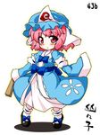  blue_dress commentary_request dress fan hat hitodama japanese_clothes kimono long_sleeves looking_at_viewer mob_cap obi pink_eyes pink_hair saigyouji_yuyuko sash solo takasegawa_yui touhou triangular_headpiece wide_sleeves 