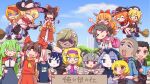  1girl 4boys 6+girls :3 alice_margatroid animal_ears ascot azusa_(cookie) benikurage_(cookie) black_hair black_hat black_skirt black_vest blonde_hair blue_dress blue_eyes blue_sky blush bow braid broom broom_riding brown_hair brown_horns cloud colored_skin commentary cookie_(touhou) cowboy_shot crossed_bandaids day detached_sleeves dress empty_eyes english_commentary fang flour_(cookie) frilled_bow frilled_hair_tubes frilled_hairband frilled_hat frilled_skirt frills frog_hair_ornament green_hair grey_hair hair_bow hair_ornament hair_tubes hairband hakurei_reimu hat highres horn_bow horn_ornament horns ibuki_suika kanna_(cookie) kimura_(coat_corp.) kirisame_marisa kochiya_sanae kumoi_ichirin long_hair looking_at_viewer manatsu_no_yo_no_inmu mars_(cookie) milk_(cookie) miura_daisenpai mouse_ears mouse_girl multiple_boys multiple_girls murasa_minamitsu mushroomsucy nadeko_(cookie) nazrin necktie nyon_(cookie) o_o open_mouth orange_hair outdoors paseri_(cookie) pink_shirt pink_skirt purple_bow purple_eyes purple_hairband purple_necktie red_bow red_eyes red_hairband red_scarf red_shirt red_skirt rei_(cookie) ribbon-trimmed_sleeves ribbon_trim rumia sananana_(cookie) scarf shirt short_hair side_braid sidelocks single_braid sitting skin_fang skirt skirt_set sky sleeveless sleeveless_shirt smile standing star_(symbol) star_hair_ornament sunglasses taisa_(cookie) takuya_(acceed) toono_(coat) touhou tree vest white_shirt white_skin white_sleeves witch_hat yamin_(cookie) yellow_ascot yin_yang 