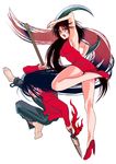  1girl aotsuki_ushio beast_spear black_hair breasts dress high_heels kagari_(ushio_to_tora) large_breasts leg_up legs long_hair long_legs mizu_hp purple_eyes red_dress red_eyes sideboob thighs ushio_to_tora white_background 