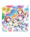  4girls ahoge artbook balloon birthday blue_skirt bow braid brown_hair closed_eyes dress emma_verde freckles grey_hair hair_ornament highres holding_hands konoe_kanata long_hair love_live! love_live!_nijigasaki_high_school_idol_club multiple_girls nakasu_kasumi non-web_source official_art open_mouth pink_eyes pink_hair rina-chan_board short_hair skirt sky smile tennoji_rina twin_braids 