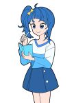  1girl absurdres blue_eyes blue_hair blue_shirt blue_skirt book bow casual closed_mouth cowboy_shot cut_bangs hair_bow highres hirogaru_sky!_precure holding holding_book holding_pencil long_sleeves looking_to_the_side masami_01st medium_hair miniskirt pencil precure shirt side_ponytail simple_background single_sidelock skirt smile solo sora_harewataru standing t-shirt two-tone_shirt white_background white_shirt yellow_bow 