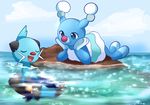  brionne chin_rest closed_eyes cloud day dewott gen_5_pokemon gen_7_pokemon looking_at_another no_humans non-web_source ocean open_mouth outdoors partially_submerged pink_(4chan) pokemon pokemon_(creature) sky smile water 