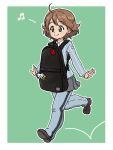  1girl adapted_costume ahoge backpack bag bee bee_ornament black_bag blue_pants blue_sweater brown_eyes brown_hair bug butterfly butterfly_ornament charm_(object) collared_shirt curly_hair front_backpack girls_und_panzer girls_und_panzer_saishuushou green_background grey_shoes grey_skirt keizoku_school_uniform ladybug ladybug_ornament miniskirt musical_note outstretched_arms pants pants_under_skirt pleated_skirt reino_(girls_und_panzer) rhinoceros_beetle rhinoceros_beetle_ornament school_uniform shirt shoes short_hair simple_background skipping skirt smile spread_arms sweater takahashi_kurage track_pants vertical-striped_sweater white_shirt 