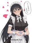  1girl absurdres alternate_costume apron azumanga_daioh black_dress black_eyes black_hair buttons dress enmaided hair_between_eyes head_tilt heart heart_hands highres light_blush long_hair looking_at_viewer maid maid_apron maid_headdress naoyuki_arts parted_lips sakaki_(azumanga_daioh) solo taut_clothes taut_dress translation_request upper_body very_long_hair white_apron wrist_cuffs 