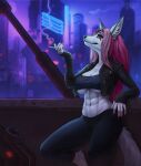 5_fingers abs anthro arctic_fox barefoot bottomwear bra breasts canid canine cigarette city city_background cityscape cleavage clothed clothing cropped_jacket cyberpunk feet female fingers fox fur hair hi_res inner_ear_fluff jacket leather leather_clothing leather_jacket leather_topwear mammal mansi_(mansilite) mansilite muscular muscular_female pants pink_hair smoking solo tail topwear true_fox tuft under_boob underwear white_body white_fur