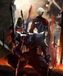  2boys archer_(fate) armor bad_id bad_pixiv_id berserker_(fate/zero) dark-skinned_male dark_skin excalibur_(fate/stay_night) fate/stay_night fate/zero fate_(series) full_armor gears helmet highres holding holding_sword holding_weapon kawabata_yoshihiro male_focus multiple_boys planted planted_sword polearm reverse_grip spear squatting stone_wall sword unlimited_blade_works_(reality_marble) weapon white_hair 