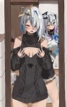  2girls absurdres alternate_costume amane_kanata amane_kanata_(1st_costume) amane_kanata_(cosplay) amane_konata amane_konata_(cosplay) black_bow black_sweater blue_hair bow breasts cable_knit cleavage cleavage_cutout clothing_cutout cosplay diamond_hair_ornament grey_hair hair_bow halo highres hololive looking_at_viewer meme_attire multicolored_hair multiple_girls nekoshima_kaede open_mouth purple_eyes purple_hair short_hair siblings sisters small_breasts star_halo streaked_hair sweater turtleneck turtleneck_sweater twins virgin_killer_sweater virtual_youtuber 