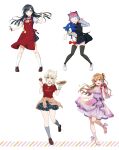  4girls animal_ears apron artbook black_hair black_thighhighs blonde_hair brown_hair clothes_around_waist dress food grey_eyes grey_socks highres konoe_kanata loafers long_hair looking_at_viewer love_live! love_live!_nijigasaki_high_school_idol_club miyashita_ai multiple_girls nijigasaki_school_uniform non-web_source official_art pink_hair pleated_skirt purple_dress purple_eyes red_apron red_eyes red_shirt rina-chan_board school_uniform shirt shoes skirt socks sonic_the_hedgehog tennoji_rina thighhighs white_background white_socks yuki_setsuna zettai_ryouiki 