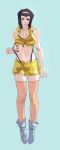  1girl absurdres breasts cleavage cowboy_bebop darao_(daradara_suyaaa) faye_valentine green_eyes hairband highres large_breasts lipstick looking_at_viewer makeup purple_hair short_hair shorts solo suspenders thighhighs yellow_hairband 
