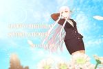  2016 braid business_suit character_name commentary_request danganronpa danganronpa_3 dated day flower formal hand_behind_head happy_birthday highres kirigiri_kyouko long_hair pencil_skirt petals purple_eyes purple_hair sketti skirt skirt_suit sky smile solo suit 