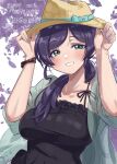  1girl absurdres artist_name black_shirt blush bracelet breasts brown_hat character_name commentary_request dated green_eyes happy_birthday hat heart highres jewelry large_breasts long_hair looking_at_viewer love_live! love_live!_school_idol_project low_ponytail nail_polish pomita ponytail purple_petals see-through_clothes shirt signature smile solo tojo_nozomi white_background 