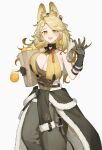  1girl allen.n animal_ear_fluff animal_ears arknights bag bare_shoulders blonde_hair breasts brown_leotard cat_ears cat_girl cleavage cleavage_cutout clothes_around_waist clothing_cutout cowboy_shot food fruit gloves hand_up highres holding holding_bag holding_food large_breasts leotard light_blush long_hair looking_at_viewer open_mouth orange_(fruit) pants paper_bag quercus_(arknights) smile standing yellow_eyes 