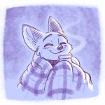  2018 anthro bedding blanket blush border canine cheek_tuft clothed clothing cup dipstick_ears disney eyes_closed fox fuel_(artist) holding_object male mammal monochrome nick_wilde purple_and_white simple_background smile solo steam tuft white_border zootopia 