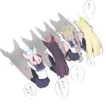  4girls animal_ears black_hair black_pantyhose black_sailor_collar black_shoes black_skirt blonde_hair blue_archive blue_halo braid braided_ponytail brown_hair cat_shadow_puppet_(meme) dutch_angle fox_ears fox_girl fox_platoon_(blue_archive) from_above full_body green_halo hair_ribbon half_updo halo highres kurumi_(blue_archive) loafers long_hair long_sleeves low_ponytail medium_hair meme miniskirt multiple_girls niko_(blue_archive) otogi_(blue_archive) pantyhose pink_hair pleated_skirt ponytail red_halo red_ribbon ribbon sailor_collar sateto_(user_knrf2332) school_uniform serafuku shadow shirt shoes simple_background sketch skirt speech_bubble squatting straight_hair translated two_side_up very_long_hair white_background white_shirt yukino_(blue_archive) 