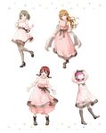  4girls artbook blue_eyes boots bow braid breasts brown_hair dress emma_verde freckles grey_hair high_heels highres konoe_kanata long_hair looking_at_viewer love_live! love_live!_nijigasaki_high_school_idol_club multiple_girls nakasu_kasumi non-web_source official_art open_mouth pantyhose pink_dress pink_eyes pink_hair purple_eyes rina-chan_board see-through_clothes see-through_sleeves short_hair smile tennoji_rina twin_braids twintails wavy_hair white_background 