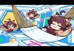  &gt;_&lt; 1girl :3 ahoge animal_ears b_b_i3 bell blush bow brown_hair brown_skirt cat_ears cat_girl chibi chibi_only closed_eyes closed_mouth commentary_request fang full_body hair_bell hair_ornament hair_ribbon hammock highres ichihime indoors japanese_clothes jingle_bell kimono letterboxed long_sleeves mahjong_soul mahjong_tile multiple_views obi official_art open_mouth pink_kimono red_bow red_ribbon red_sash ribbon sash short_hair skirt smile spacecraft uwu waist_bow wide_sleeves |_| 
