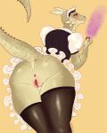 2023 4:5 anthro anus argonian artist_name big_butt biped black_clothing black_legwear black_thigh_highs bottomwear butt butt_focus clothing colored female green_body green_scales higgington horn humanoid_vulva legwear licking licking_lips long_tail looking_at_viewer looking_down low-angle_view maid_uniform microsoft portrait presenting presenting_hindquarters presenting_vulva rear_view red_sclera scales scalie simple_background skirt smile solo spiked_tail spikes spikes_(anatomy) tail text the_elder_scrolls the_lusty_argonian_maid thick_thighs thigh_highs three-quarter_portrait tongue tongue_out uniform yellow_background yellow_eyes