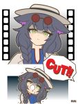  1girl absurdres animal_ear_fluff animal_ears arknights black_hair braid cat_ears eyewear_on_head green_eyes hat highres jessica_(arknights) jessica_the_liberated_(arknights) jessica_the_liberated_(ride_to_davistown)_(arknights) kuhl-notes long_hair looking_at_viewer multiple_views official_alternate_costume portrait single_braid speech_bubble sunglasses 