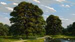  absurdres animal bird blue_sky bridge cloud commentary day deer english_commentary forest grazing_(livestock) highres krita_(medium) landscape nature no_humans original outdoors park path philipp_urlich pond reflection reflective_water rock scenery sky sunlight swan tree water 