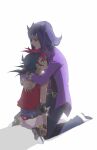  2boys arms_around_neck arms_at_sides black_hair black_pants black_shirt blue_eyes blue_shirt bracelet colored_bangs comforting dress_shirt drop_shadow elbow_pads facing_another hands_on_another&#039;s_back hood hooded_vest hoodie hug jewelry kamishiro_ryouga kneeling light_particles liusang looking_at_another looking_to_the_side male_focus multiple_boys on_ground pants parted_bangs purple_hair purple_shirt red_eyes red_vest shirt single_elbow_pad sitting spiked_hair tsukumo_yuma vest wariza white_background white_hood white_pants yu-gi-oh! yu-gi-oh!_zexal 