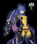  1girl armor black_background blue_hair bodysuit breasts covered_navel glowing gradient_hair hair_between_eyes headgear highres impossible_bodysuit impossible_clothes long_hair looking_at_viewer medium_breasts multicolored_hair nandz neon_trim phantasy_star phantasy_star_online_2 ponytail quna_(pso2) red_eyes simple_background skin_tight solo very_long_hair weapon yellow_bodysuit zelsius 