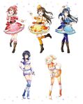  5girls artbook asaka_karin black_hair blonde_hair blue_eyes boots bow braid breasts brown_hair dress earrings full_body gloves grey_eyes hair_bun hair_ornament half_updo hand_on_own_hip hat highres jewelry knee_boots long_hair looking_at_viewer love_live! love_live!_nijigasaki_high_school_idol_club medium_hair midriff mini_hat miyashita_ai multiple_girls navel non-web_source official_art one_eye_closed open_mouth orange_eyes osaka_shizuku pink_hair ponytail purple_hair short_hair shorts skirt smile standing thighhighs uehara_ayumu white_background white_gloves yellow_eyes yuki_setsuna 