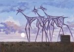  abstract building cloud cloudy_sky creature creature_focus field gradient_sky grass highres keselum_(neganeura) long_legs mixed_media no_humans original photo_bashing scenery short_tail sky sun tail walking 