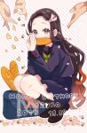  1girl 2boys acorn bag bread contemporary food highres hutaba_haru kamado_nezuko kimetsu_no_yaiba knees loafers multiple_boys school_bag school_uniform serafuku shoes socks solo_focus squatting 