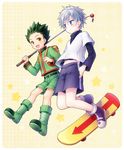  backpack bag belt black_hair black_shirt blue_eyes blue_shorts boots cannan fishing_rod gon_freecss green_footwear green_jacket green_shorts hands_in_pockets hunter_x_hunter jacket killua_zoldyck long_sleeves multiple_boys open_mouth shirt shorts skateboard smile spiked_hair star starry_background white_hair white_shirt yellow_background 