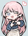  1girl bang_dream! bang_dream!_it&#039;s_mygo!!!!! blush chihaya_anon dress earrings eno6_sub fang heart heart_hands highres jacket jewelry long_hair long_sleeves one_eye_closed open_mouth pink_hair sasa_kichi simple_background solo 