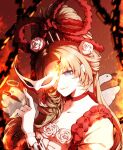  1girl bird blue_eyes brown_hair choker curtained_hair dress dress_ribbon fire flower frilled_sleeves frills goose highres holding holding_mask indicant&#039;s_trial_(e.g.o) kinala6490098 limbus_company long_hair looking_at_viewer mask masquerade_mask project_moon red_background red_choker rodion_(project_moon) rose simple_background smile solo updo upper_body white_dress white_flower white_rose 