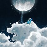  1other absurdres artist_name backpack bag blue_jacket cable cloud commentary crater fish flying_fish from_side gloves glowing headphones helmet highres jacket kazunoko_(kazunoko_zunoco) listening_to_music looking_up moon night night_sky on_cloud original other_focus signature sky solo space_helmet sparkle star_(sky) starry_sky white_gloves 