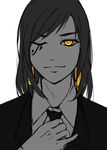  ;) adjusting_clothes adjusting_necktie alternate_costume bad_id bad_pixiv_id bangs braid chibiko closed_mouth collared_shirt dress_shirt eye_of_horus facial_mark facial_tattoo hair_tubes hand_up highres looking_at_viewer monochrome necktie one_eye_closed overwatch pharah_(overwatch) pinky_out shirt short_hair side_braids simple_background smile solo spot_color swept_bangs tattoo upper_body white_background yellow_eyes 