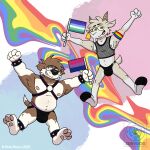 2025 4:3 4_toes anklet anthro ayco_(zurvdog) belly biped bisexual_pride_colors black_clothing black_underwear bovid bovine bracelet bulge canid canine canis caprine clothing domestic_dog duo feet flag flag_(object) fur goat hair harness harness_ring hi_res horn jewelry jockstrap legband lgbt_pride lgbt_pride_month male male/male mammal nipples pride_color_accessory pride_color_background pride_color_flag pride_colors roger_(zurvdog) simple_background smile spiked_anklet spiked_bracelet spiked_legband spikes tail thong toes underwear vincian_pride_colors zurvdog