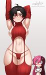  2girls absurdres ahoge alternate_costume arm_behind_head arms_up artist_name bare_arms bare_hips bare_shoulders black_hair blush bodystocking breasts brown_bodystocking brown_eyes brown_hair chibi closed_mouth colored_tips commentary cowboy_shot cropped_sweater cslucaris curvy detached_sleeves embarrassed english_commentary garter_straps grey_background grey_eyes hair_between_eyes heterochromia highres large_breasts like_and_retweet linea_alba long_hair long_sleeves looking_at_viewer meme_attire multicolored_hair multiple_girls navel neopolitan_(rwby) panties parted_bangs patreon_username pink_eyes pink_hair red_garter_straps red_hair red_shorts red_sleeves red_sweater red_thighhighs ribbed_panties ribbed_sleeves ribbed_sweater ribbed_thighhighs ruby_rose rwby short_hair shorts sideboob simple_background sleeveless sleeveless_sweater sleeveless_turtleneck smile solo_focus split-color_hair standing stomach straight-on sweat sweater thighhighs thighs toned turtleneck turtleneck_sweater twitter_strip_game_parody two-tone_hair underwear very_long_hair virgin_destroyer_sweater white_garter_straps white_sleeves white_sweater wide_hips 