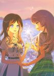  2girls bang_dream! bang_dream!_it&#039;s_mygo!!!!! blue_eyes brown_hair chihaya_anon dress fireworks grey_eyes haneoka_school_uniform highres long_hair multiple_girls nagasaki_soyo ocean open_mouth pink_hair school_uniform simple_background tsukinomori_school_uniform yayako_(804907150) 