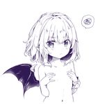  :&lt; bangs bat_wings blush closed_mouth covering covering_breasts eyebrows eyebrows_visible_through_hair flat_chest greyscale kedama_milk looking_at_viewer looking_to_the_side monochrome no_hat no_headwear nude purple remilia_scarlet short_hair simple_background solo spoken_squiggle squiggle touhou upper_body v-shaped_eyebrows white_background wings wrist_cuffs 