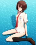  asagi_akira_(scared_rider_xechs) blush bonnie_(rsg) bottomless brown_hair commentary covered_nipples green_eyes kneehighs looking_to_the_side necktie no_panties partially_undressed scared_rider_xechs short_hair sitting solo uniform wariza water 
