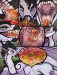 3:4 acidic black_horn black_mane bodily_fluids comic cutaway dragon duo fangs female feral frill_(anatomy) glistening glistening_eyes grass grey_body head_crest head_frill hi_res horn in_mouth inside_stomach internal male mane mouth_shot mythological_creature mythological_scalie mythology neck_frill open_mouth oral_vore orange_eyes outside plant red_body red_scales saliva saliva_string scales scalie side_view teeth vore white_body white_horn yellow_body yellow_scales