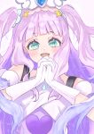  1girl aqua_eyes clothing_cutout commentary cure_majesty dress elbow_gloves ellee-chan english_commentary gloves hair_ornament heart heart_print highres hirogaru_sky!_precure interlocked_fingers long_hair looking_at_viewer magical_girl mixed-language_commentary open_mouth own_hands_together precure purple_dress purple_hair short_sleeves shoulder_cutout simple_background smile solo two_side_up very_long_hair white_background white_gloves wing_hair_ornament yayoillust 