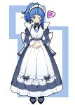  1girl absurdres ahoge alternate_costume apron ascot back_bow blue_dress blue_eyes blue_hair blue_shoes bow closed_mouth collared_shirt commentary cut_bangs dress earrings enmaided frilled_apron frills full_body heart highres hirogaru_sky!_precure jewelry juliet_sleeves kikukekosasi large_bow long_dress long_sleeves looking_at_viewer maid maid_headdress medium_hair one_eye_closed precure puffy_sleeves shirt shoes side_ponytail single_sidelock smile solo sora_harewataru standing white_apron white_ascot white_background 
