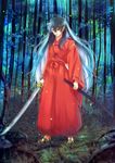  alternate_form bangs barefoot bead_necklace beads black_hair detached_sleeves fang fireflies forest full_body grass hair_between_eyes highres holding holding_sword holding_weapon inuyasha inuyasha_(character) japanese_clothes jewelry katana long_hair long_sleeves looking_at_viewer male_focus motobi_(mtb_umk) multicolored_hair nature necklace outdoors parted_lips pointy_ears ribbon-trimmed_sleeves ribbon_trim scabbard sheath slit_pupils smirk solo standing sword transformation two-tone_hair unsheathed very_long_hair weapon white_hair wide_sleeves yellow_eyes 