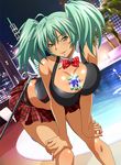  1girl breasts cleavage dark_skin green_eyes green_hair ikkitousen jewelry large_breasts long_hair looking_at_viewer ryofu_housen short_skirt skirt smile solo standing 